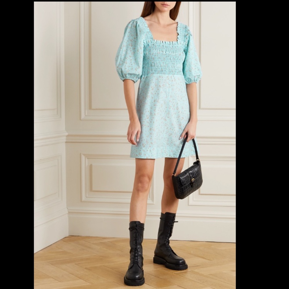 GANNI CORYDALIS BLUE PRINTED POPLIN MINI DRESS 8 - Picture 3 of 16
